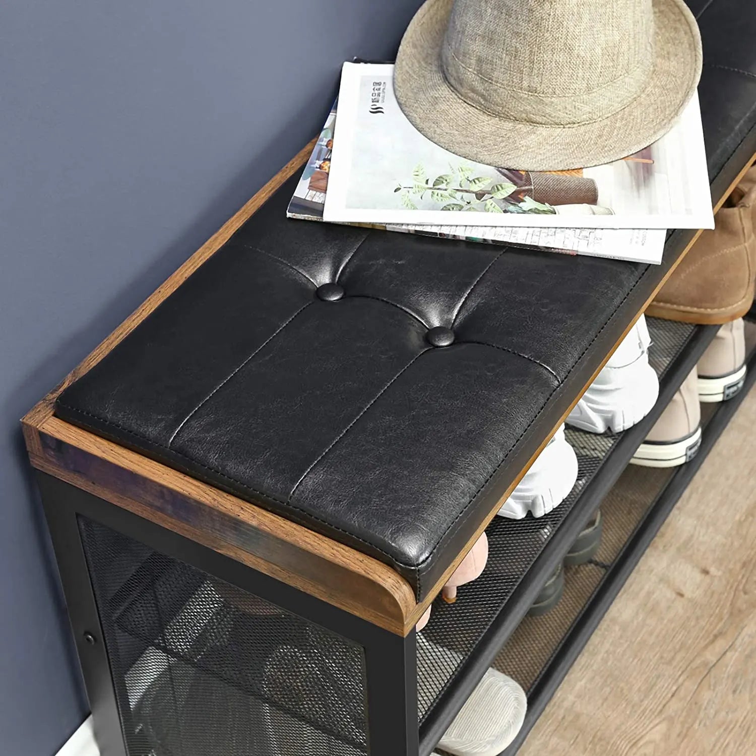 Shoe Bench with Mesh Shelf and Faux Leather Vintage Brown Black 80 x 30 x 48 cm - Image 4