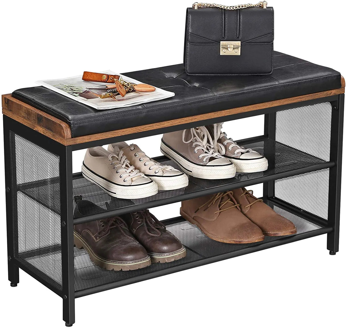 Shoe Bench with Mesh Shelf and Faux Leather Vintage Brown Black 80 x 30 x 48 cm - Image 7
