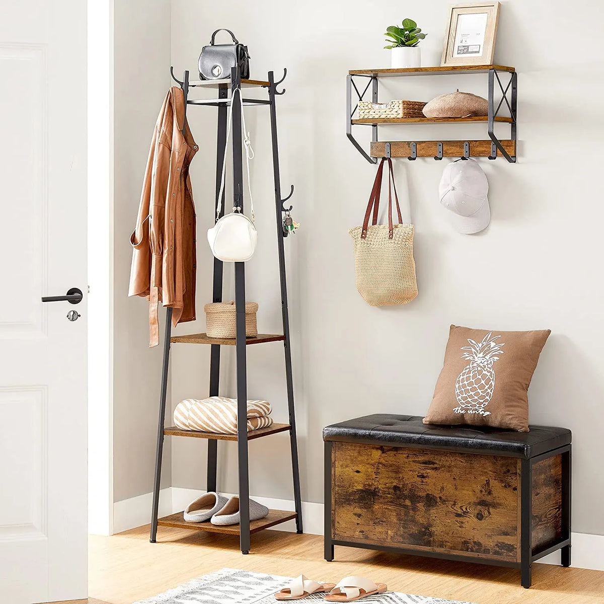 Coat Rack with 3 Shelves with Hooks Rustic Brown and Black - Image 2