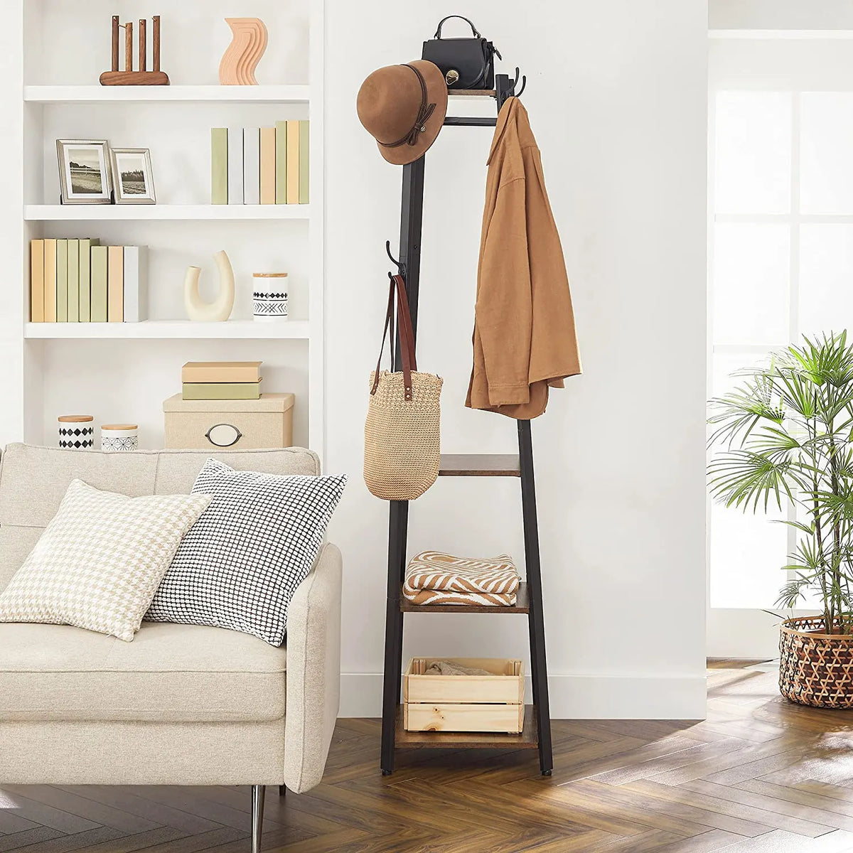 Coat Rack with 3 Shelves with Hooks Rustic Brown and Black - Image 3