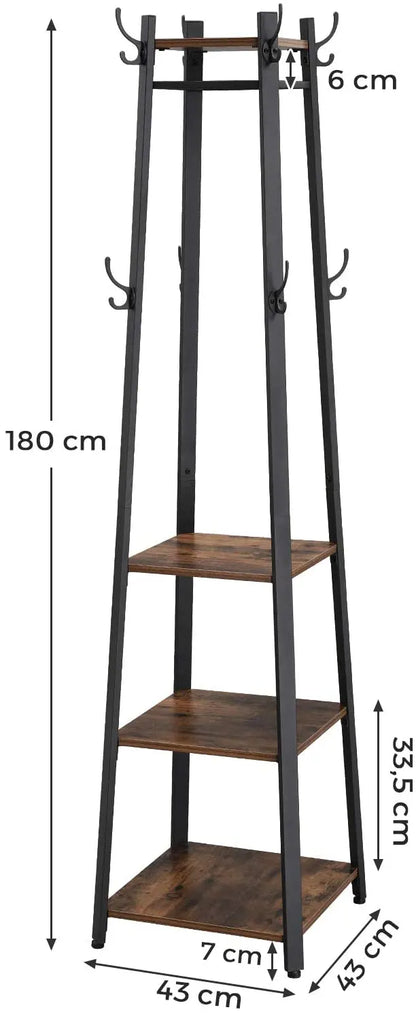 Coat Rack with 3 Shelves with Hooks Rustic Brown and Black - Image 5