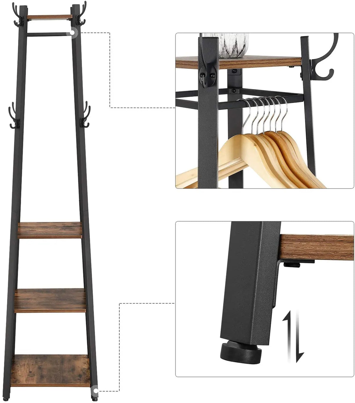 Coat Rack with 3 Shelves with Hooks Rustic Brown and Black - Image 6
