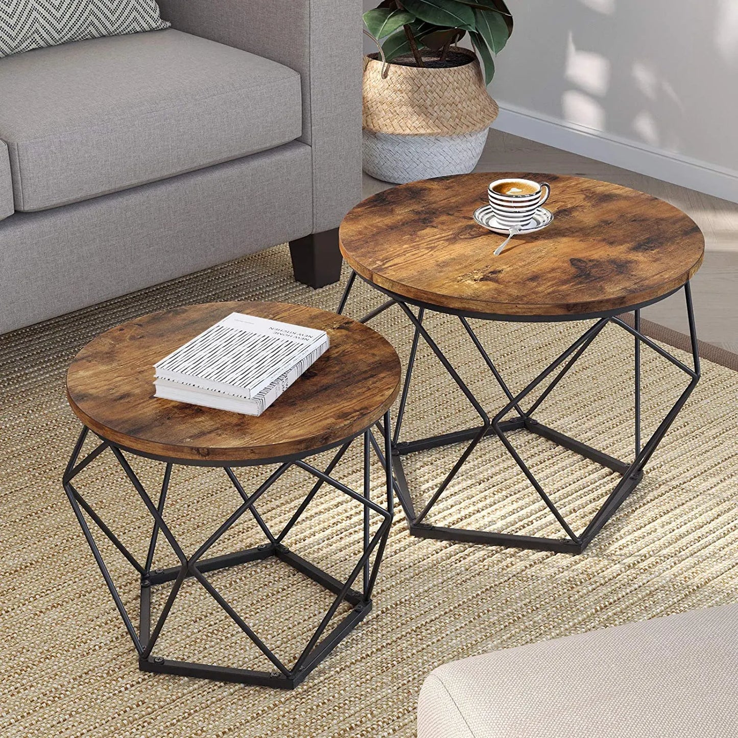 Set of 2 Side Tables Robust Steel Frame Rustic Brown and Black - Image 2