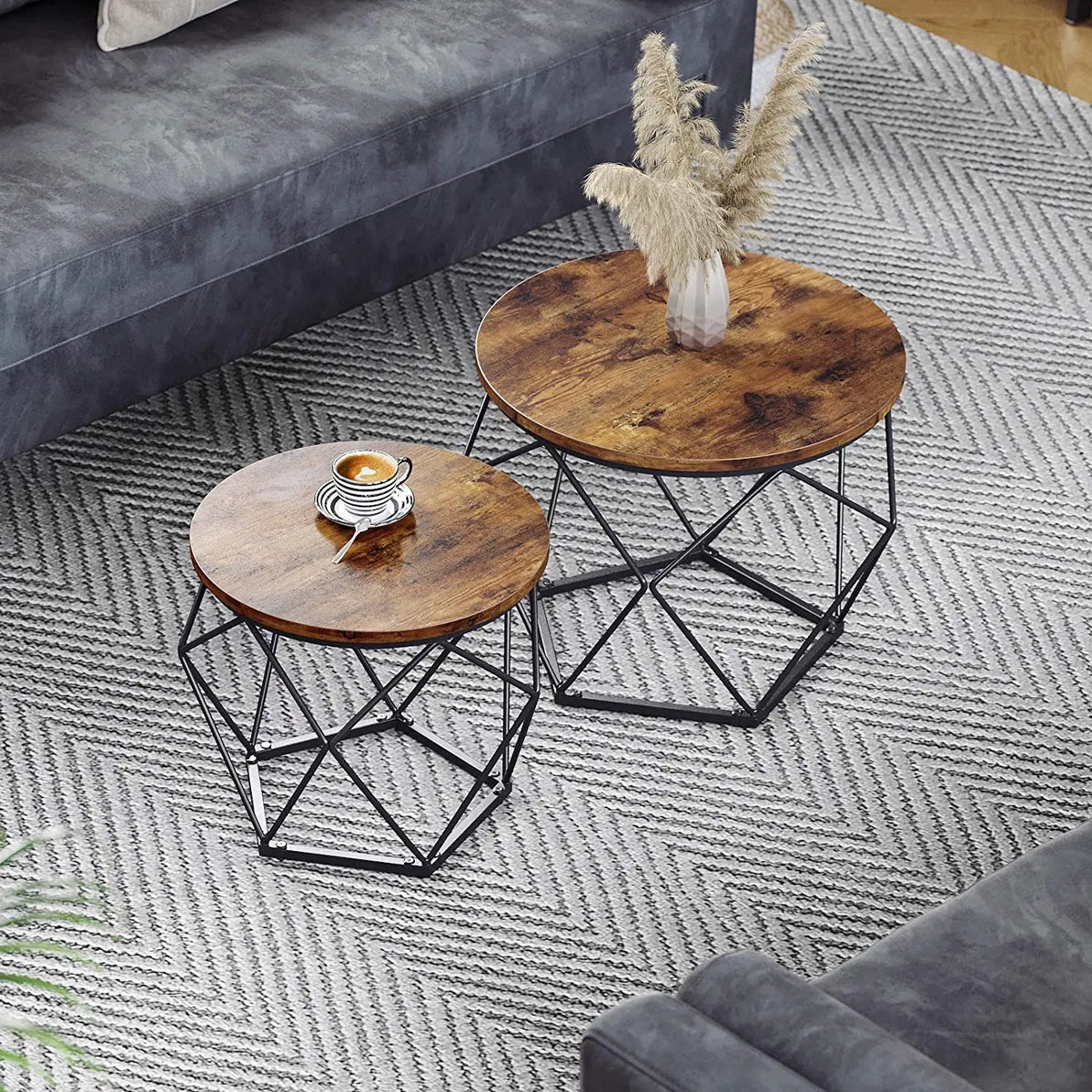 Set of 2 Side Tables Robust Steel Frame Rustic Brown and Black - Image 3