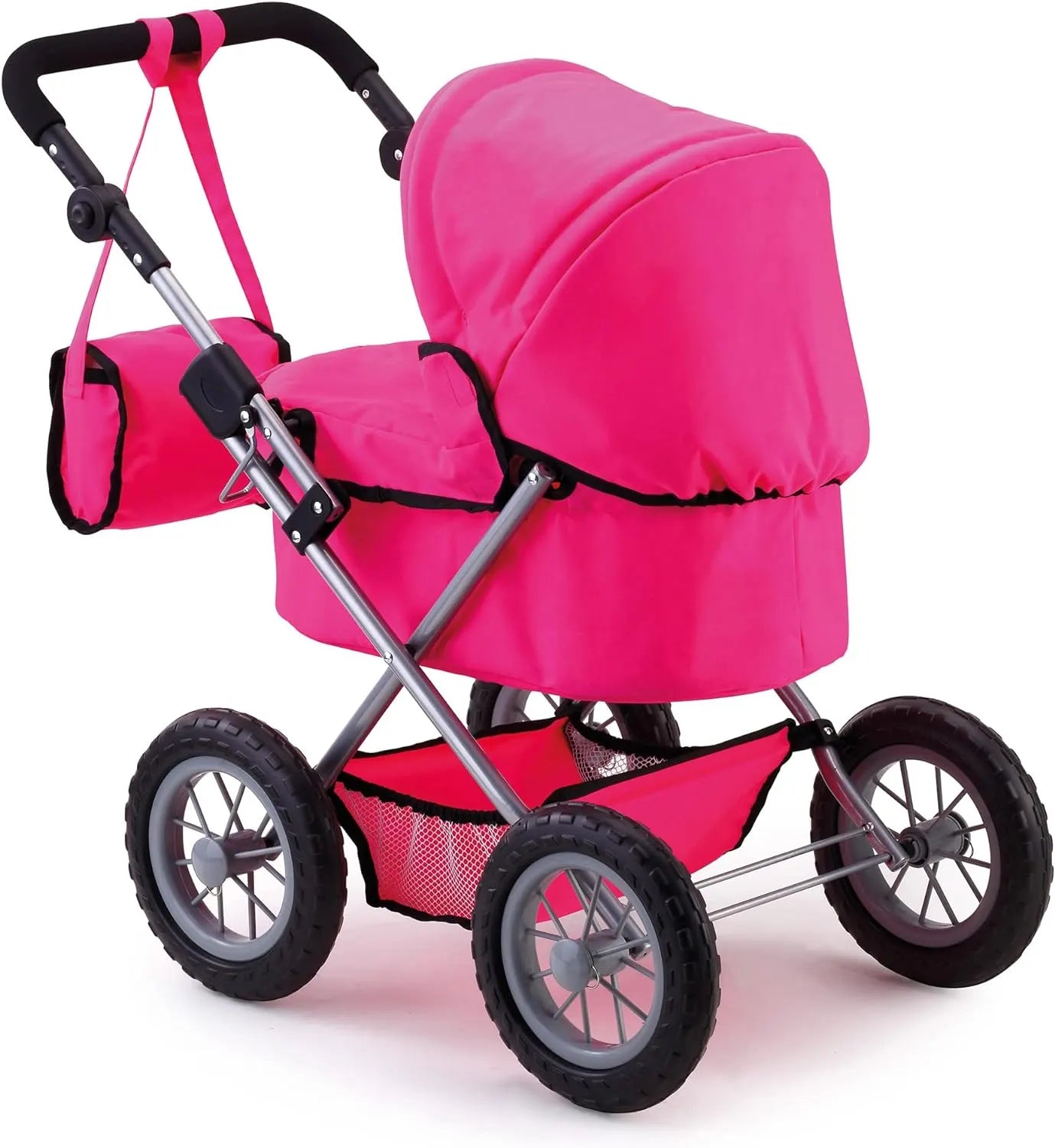 Foldable Dolls Pram with Height-Adjustable Handle and Shoulder Bag, Stable, Pink - Image 2