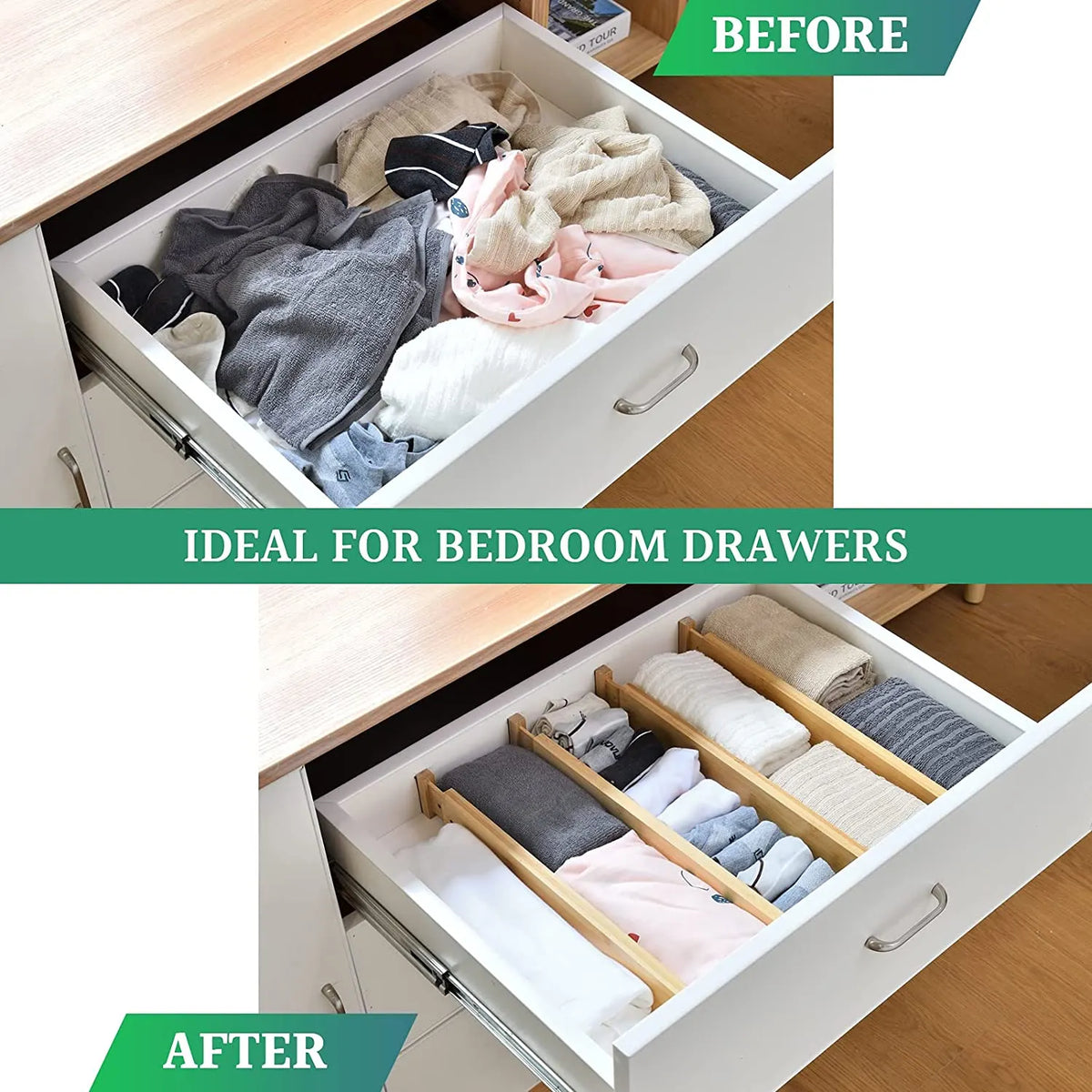 6 Pack Bamboo Adjustable Kitchen Drawer Dividers (Large, 44-55 cm) - Image 2