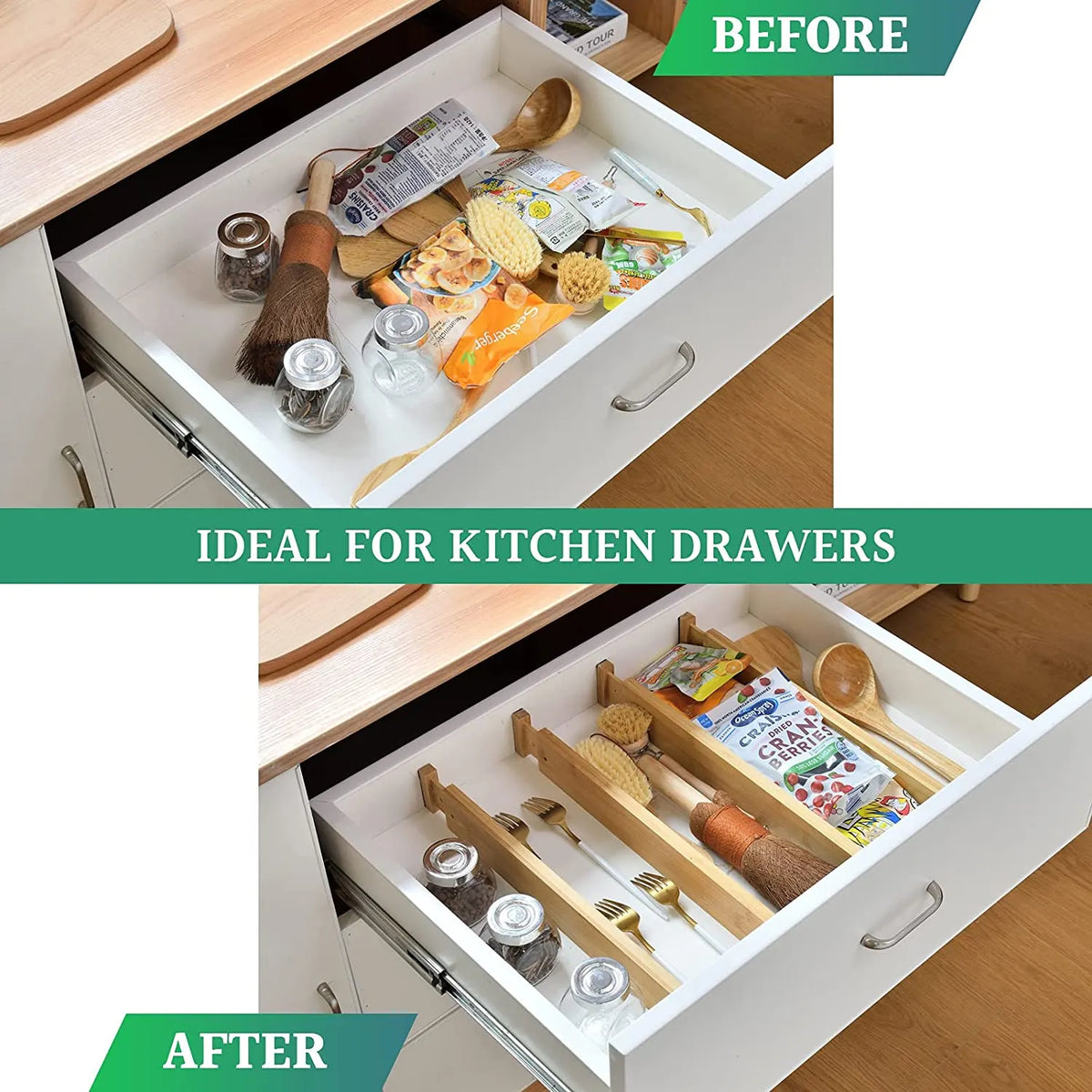6 Pack Bamboo Adjustable Kitchen Drawer Dividers (Large, 44-55 cm) - Image 3