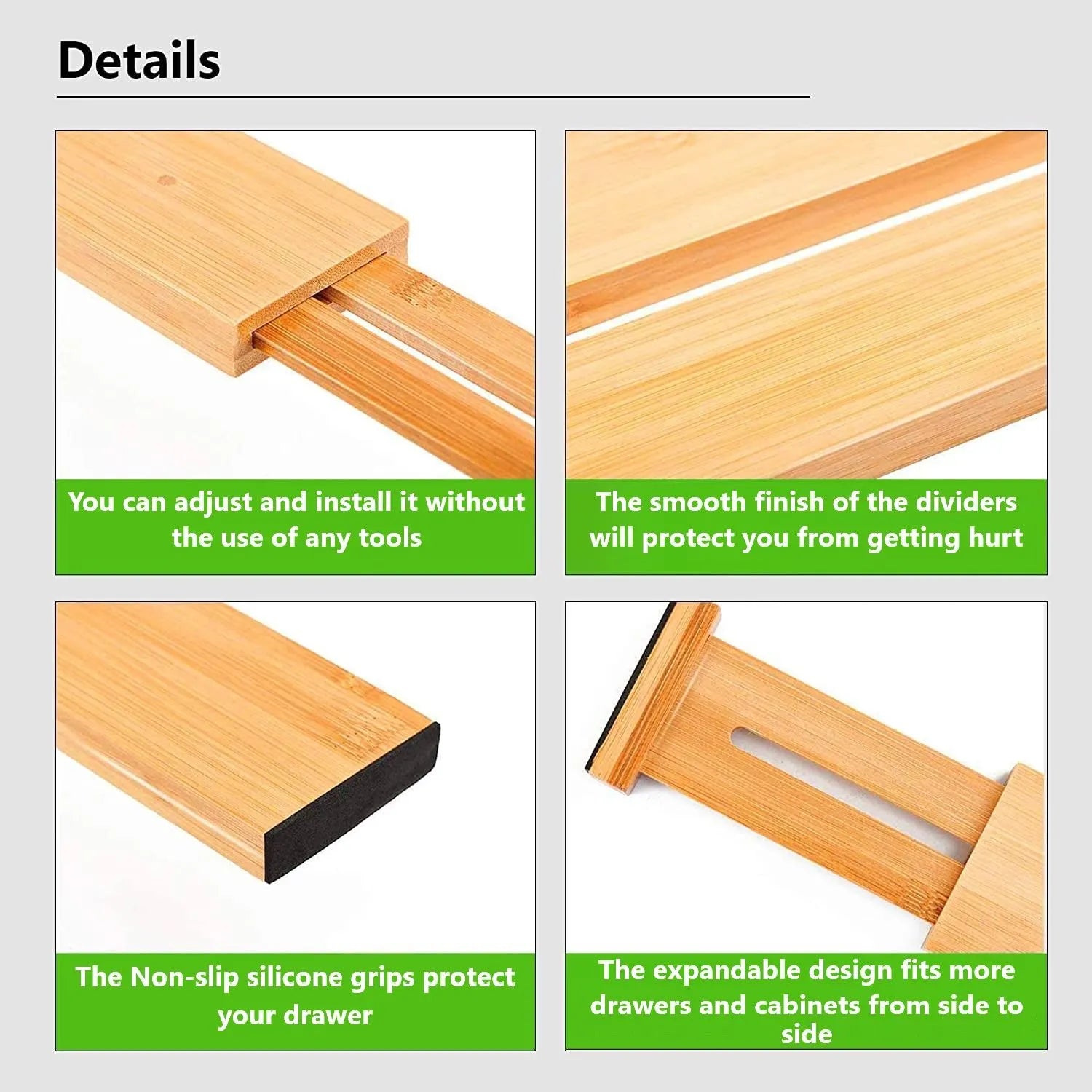 6 Pack Bamboo Adjustable Kitchen Drawer Dividers (Large, 44-55 cm) - Image 6