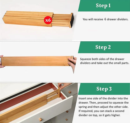 6 Pack Bamboo Adjustable Kitchen Drawer Dividers (Large, 44-55 cm) - Image 8