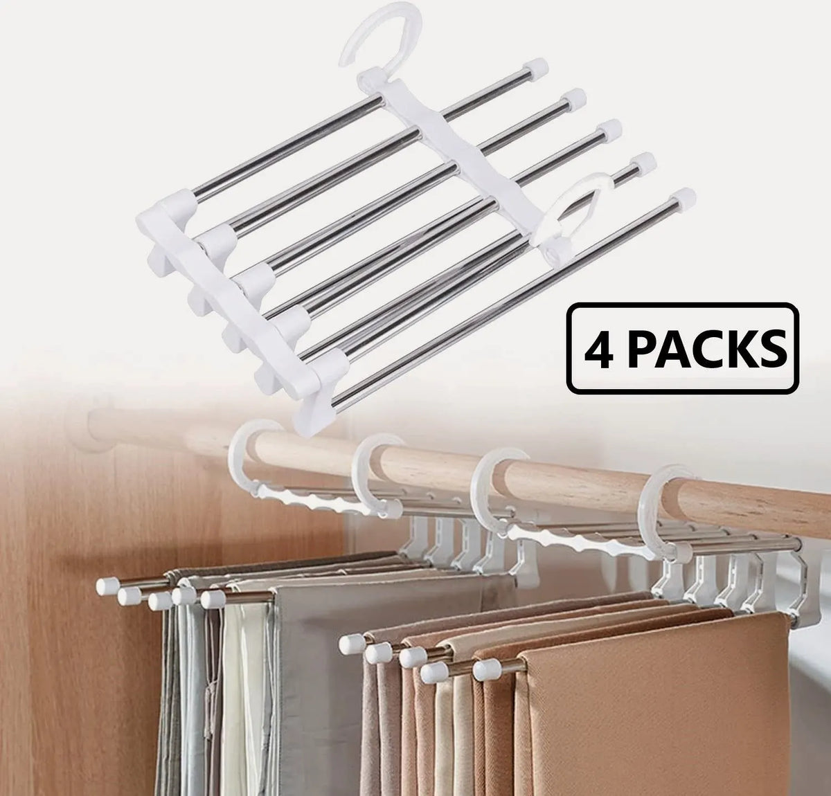 4 Pack Stainless Steel Adjustable 5 in 1 Pants Hangers Non-Slip Space Saving for Home Storage - Image 3