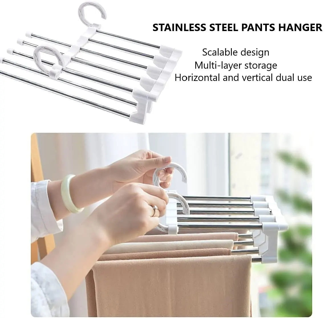4 Pack Stainless Steel Adjustable 5 in 1 Pants Hangers Non-Slip Space Saving for Home Storage - Image 4