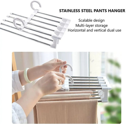 4 Pack Stainless Steel Adjustable 5 in 1 Pants Hangers Non-Slip Space Saving for Home Storage - Image 4