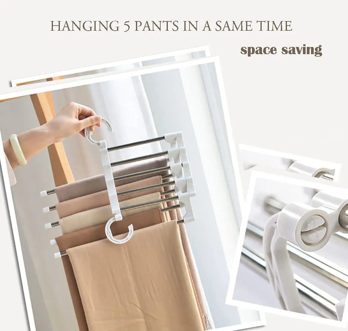 4 Pack Stainless Steel Adjustable 5 in 1 Pants Hangers Non-Slip Space Saving for Home Storage - Image 7