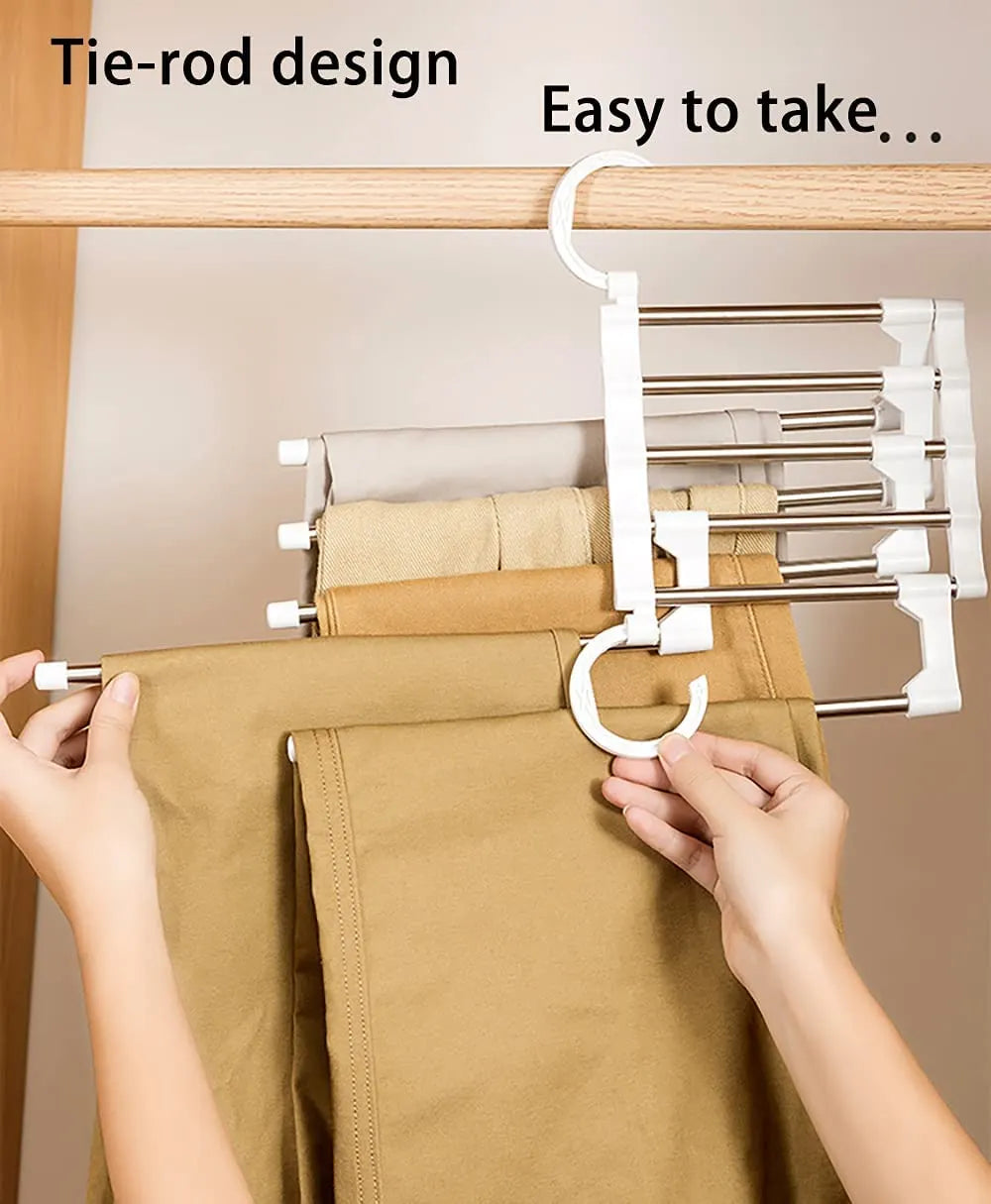 4 Pack Stainless Steel Adjustable 5 in 1 Pants Hangers Non-Slip Space Saving for Home Storage - Image 8