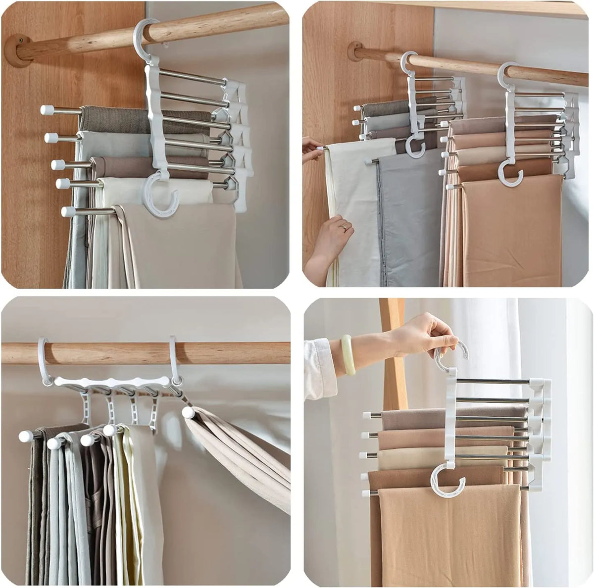 4 Pack Stainless Steel Adjustable 5 in 1 Pants Hangers Non-Slip Space Saving for Home Storage - Image 9