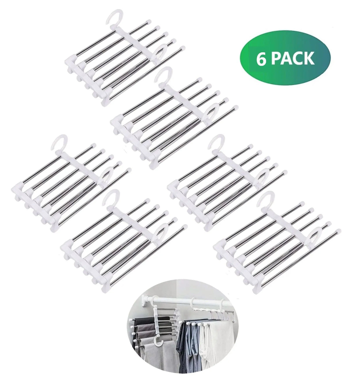 6 Pack Stainless Steel Adjustable 5 in 1 Pants Hangers Non-Slip Space Saving for Home Storage - Image 2