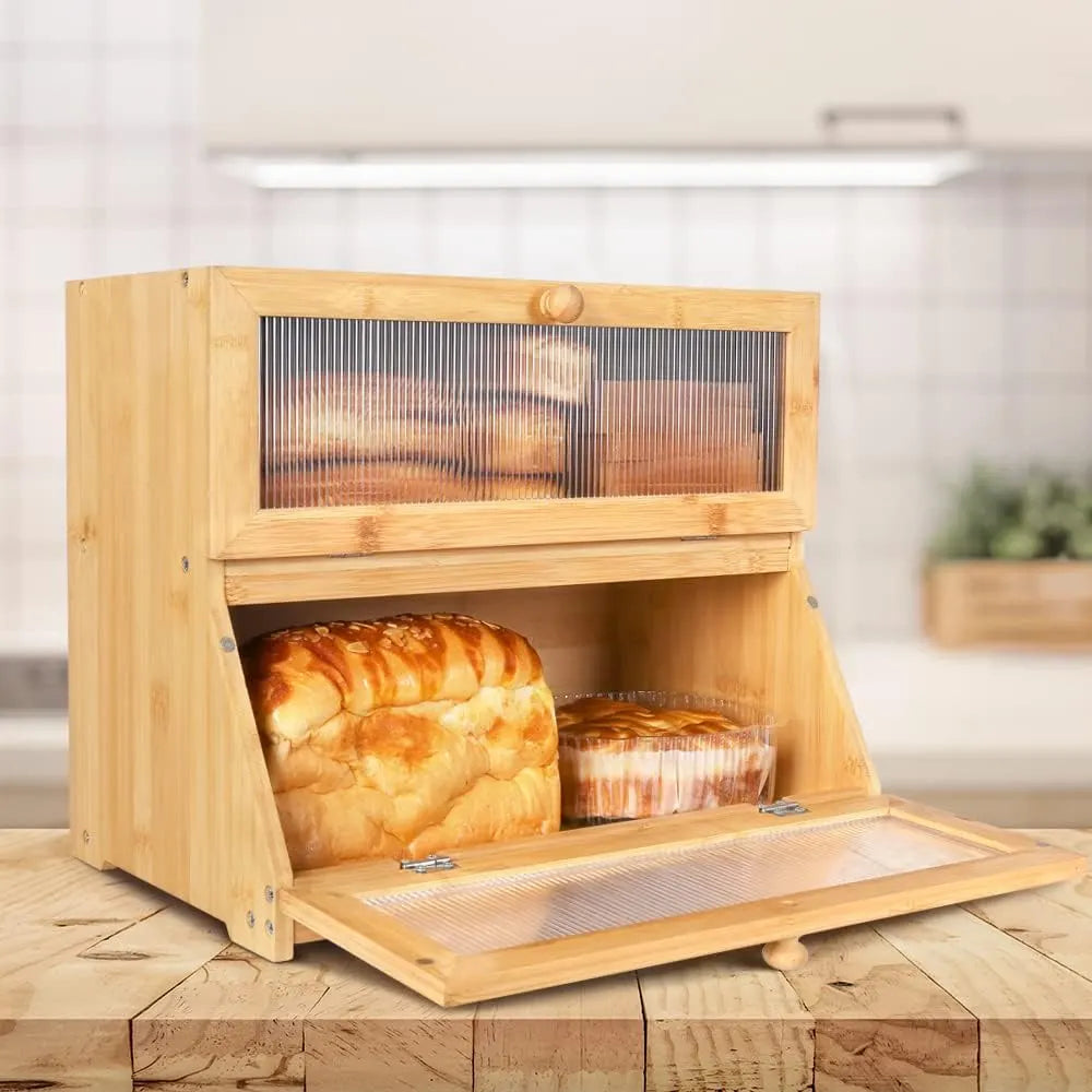 Double Layer Bamboo Bread Box for Kitchen Counter with Large Capacity and Clear Window - Image 2