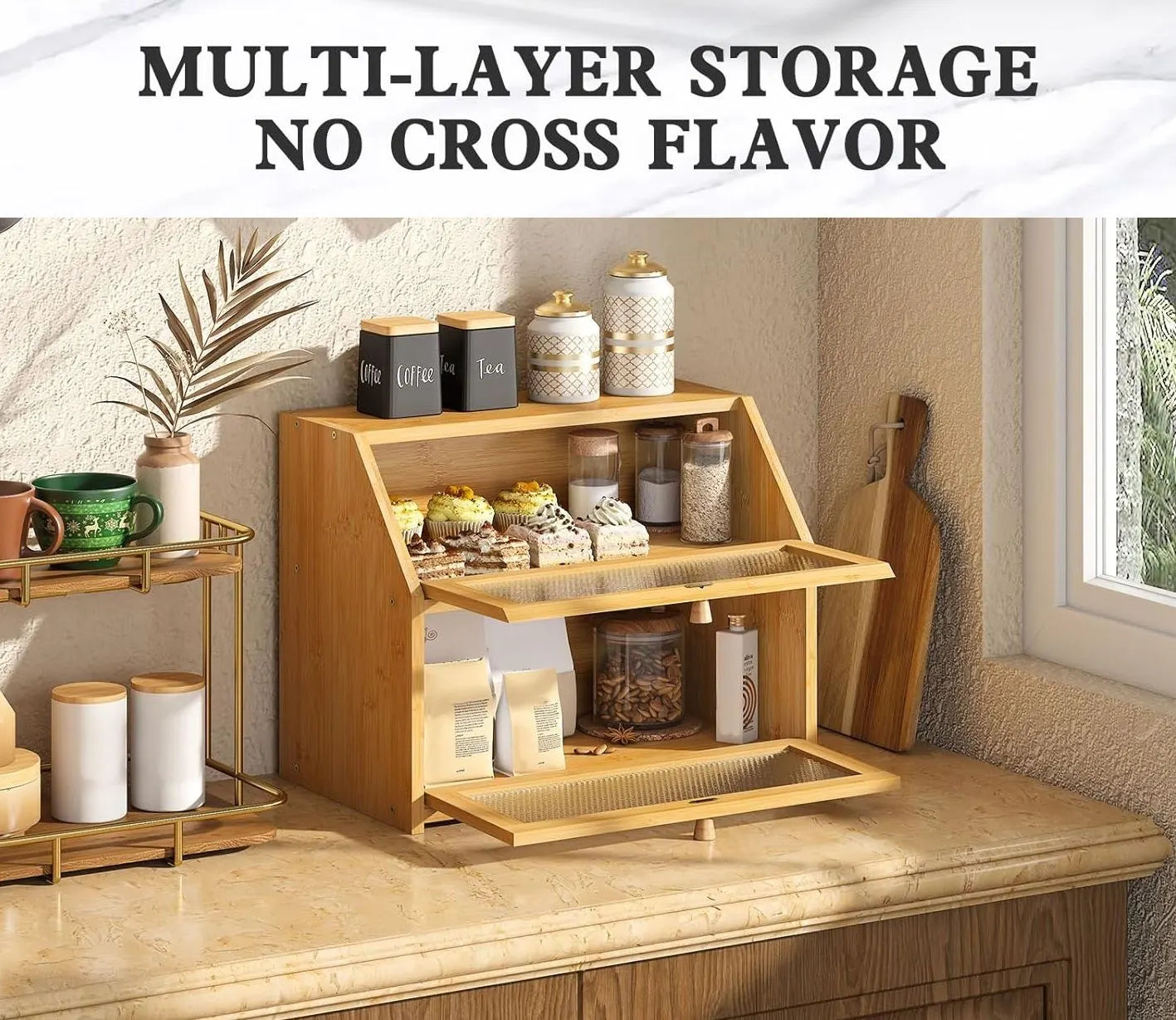Double Layer Bamboo Bread Box for Kitchen Counter with Large Capacity and Clear Window - Image 3
