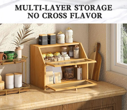 Double Layer Bamboo Bread Box for Kitchen Counter with Large Capacity and Clear Window - Image 3