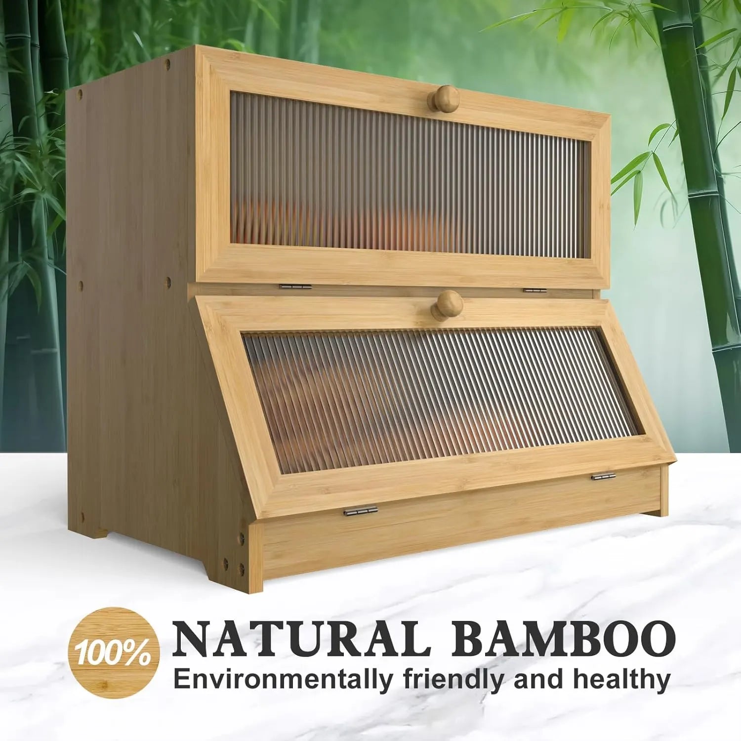 Double Layer Bamboo Bread Box for Kitchen Counter with Large Capacity and Clear Window - Image 4