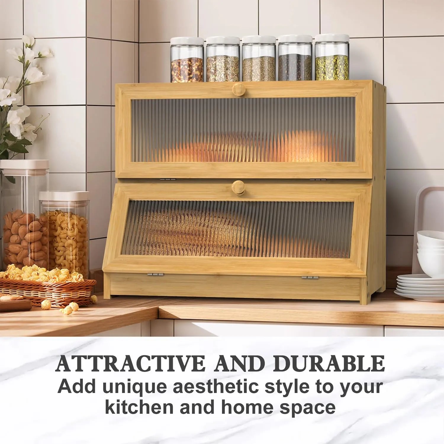 Double Layer Bamboo Bread Box for Kitchen Counter with Large Capacity and Clear Window - Image 6