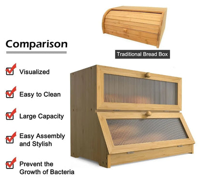 Double Layer Bamboo Bread Box for Kitchen Counter with Large Capacity and Clear Window - Image 7