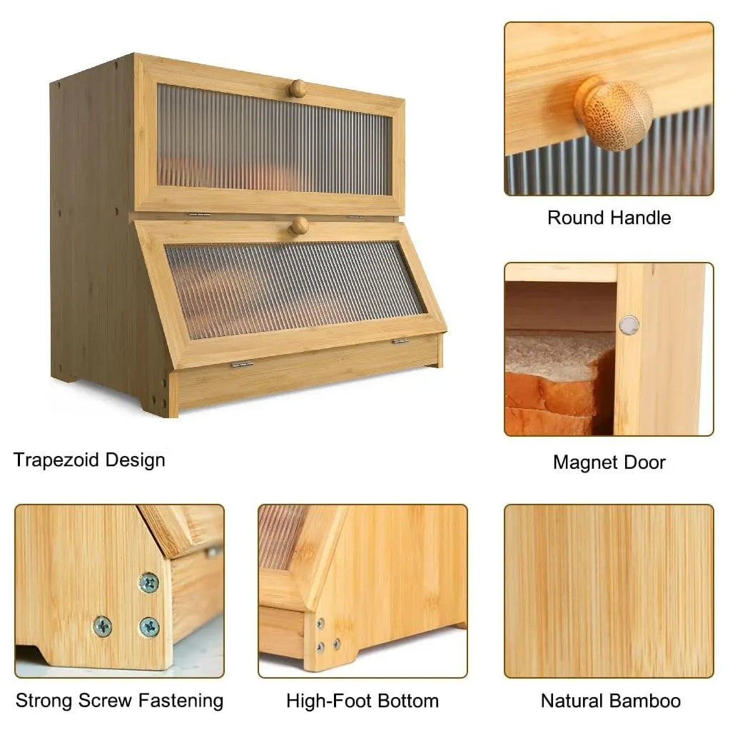 Double Layer Bamboo Bread Box for Kitchen Counter with Large Capacity and Clear Window - Image 8