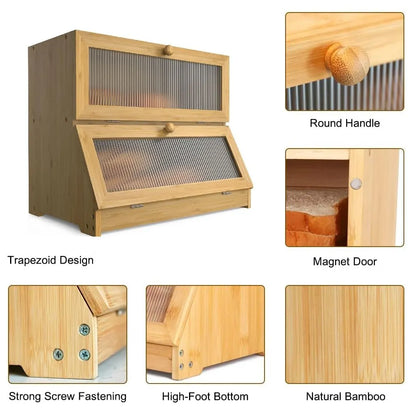 Double Layer Bamboo Bread Box for Kitchen Counter with Large Capacity and Clear Window - Image 8