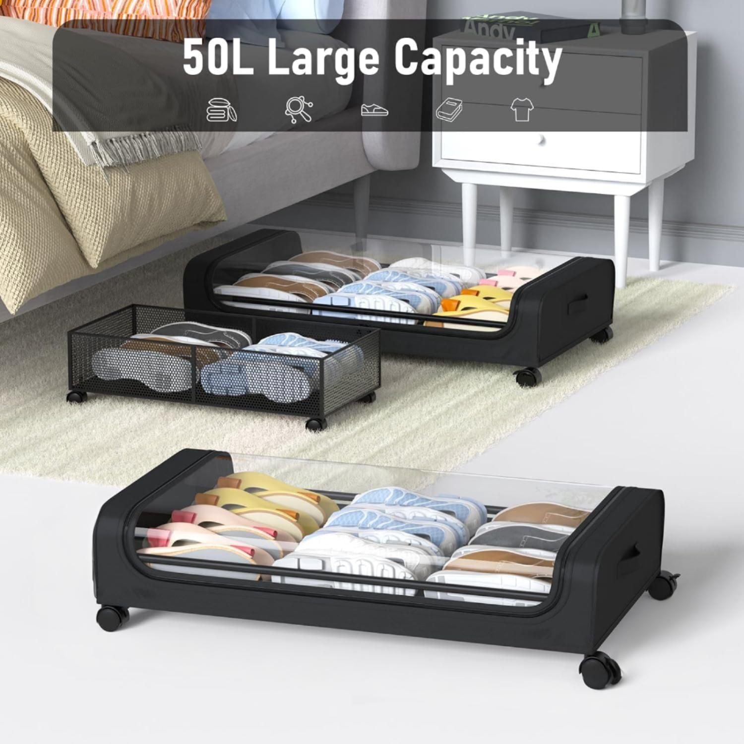 Set 2 Pcs XXL Under Bed Rolling Storage Containers with 50L Large Capacity and Wheels - Image 2