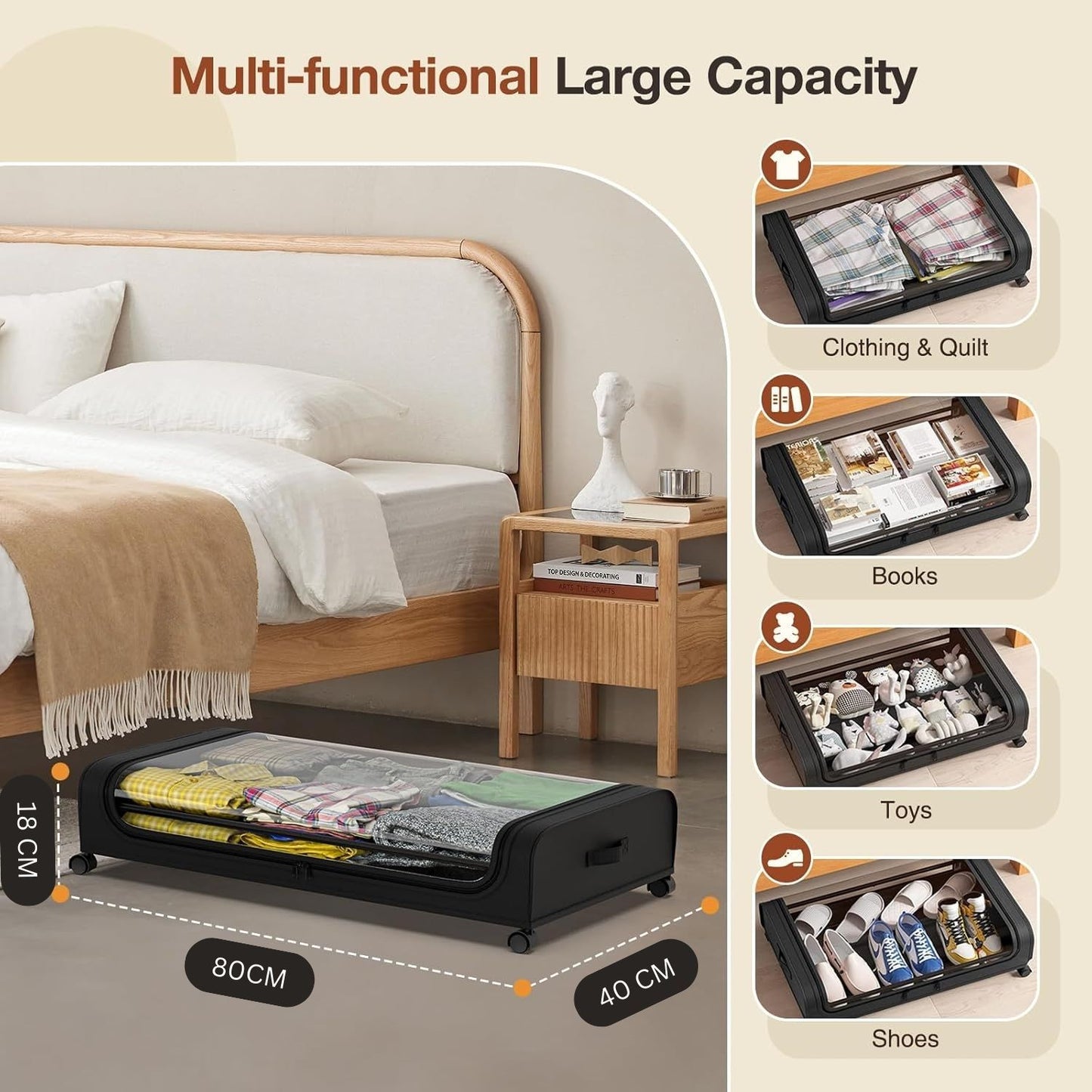 Set 2 Pcs XXL Under Bed Rolling Storage Containers with 50L Large Capacity and Wheels - Image 3