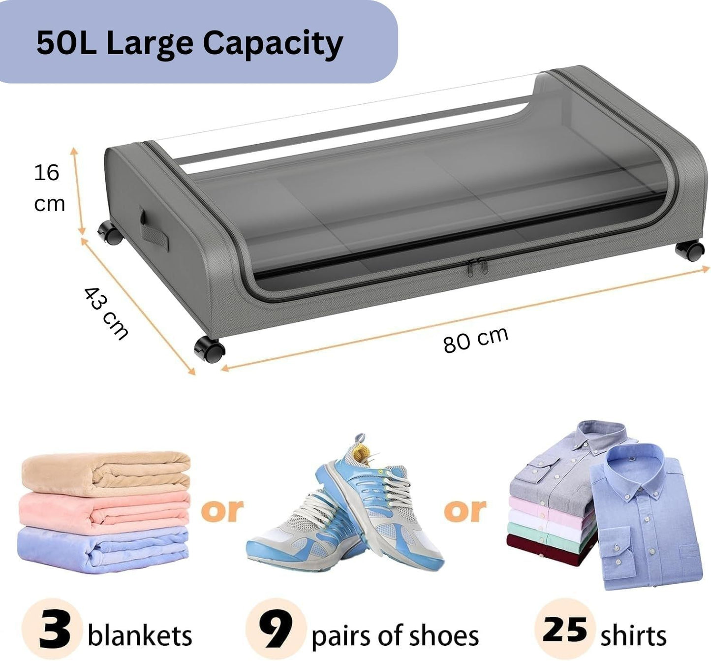 Set 2 Pcs XXL Under Bed Rolling Storage Containers with 50L Large Capacity and Wheels - Image 2