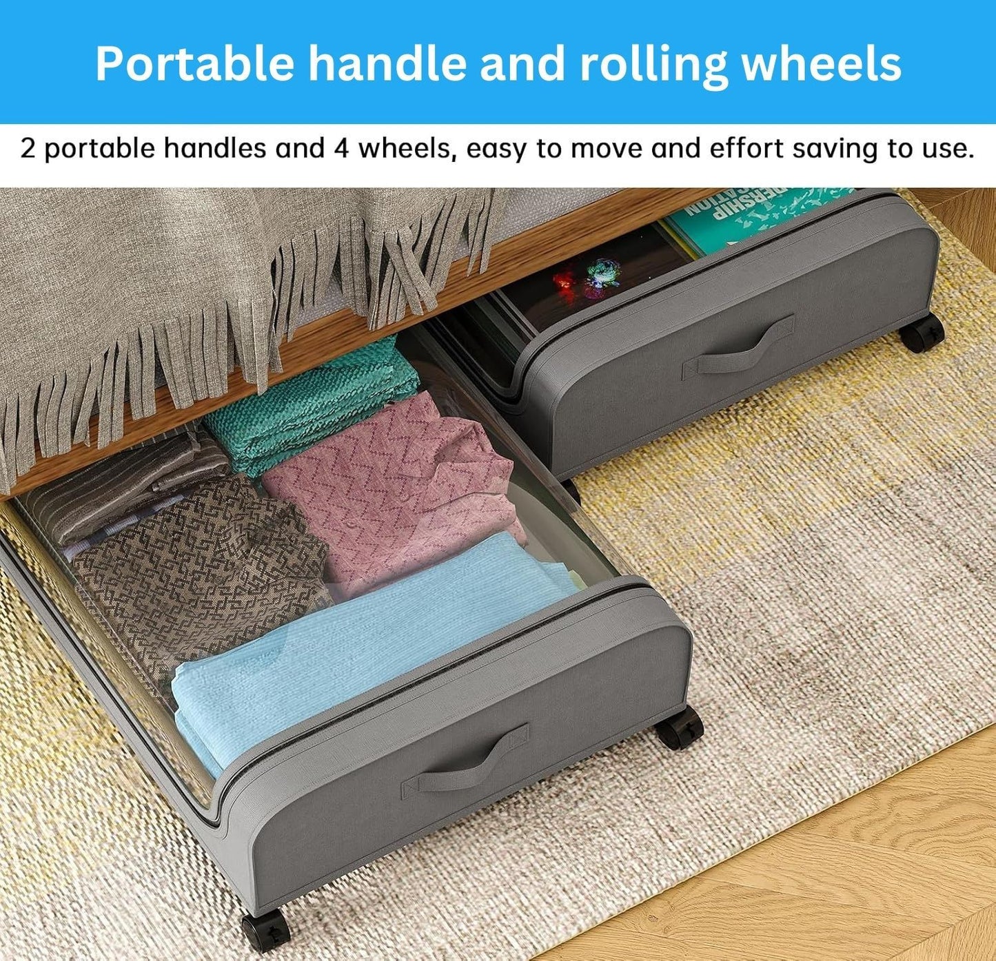 Set 2 Pcs XXL Under Bed Rolling Storage Containers with 50L Large Capacity and Wheels - Image 4