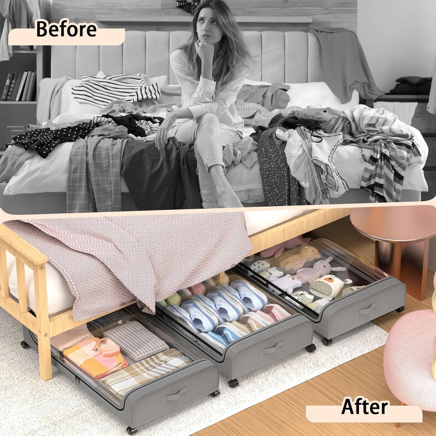 Set 2 Pcs XXL Under Bed Rolling Storage Containers with 50L Large Capacity and Wheels - Image 6