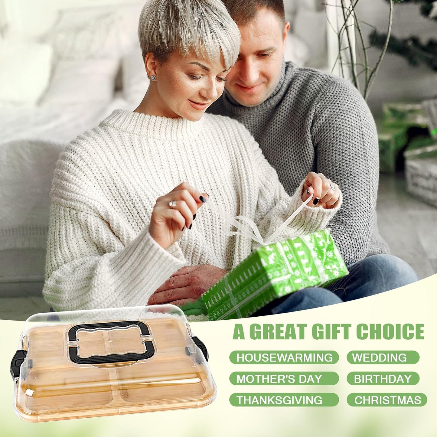 CARLA HOME Bamboo Charcuterie Board with Lid & Handle ideal Gift for Kitchen, Party & Picnic (6 Compartments) - Image 7