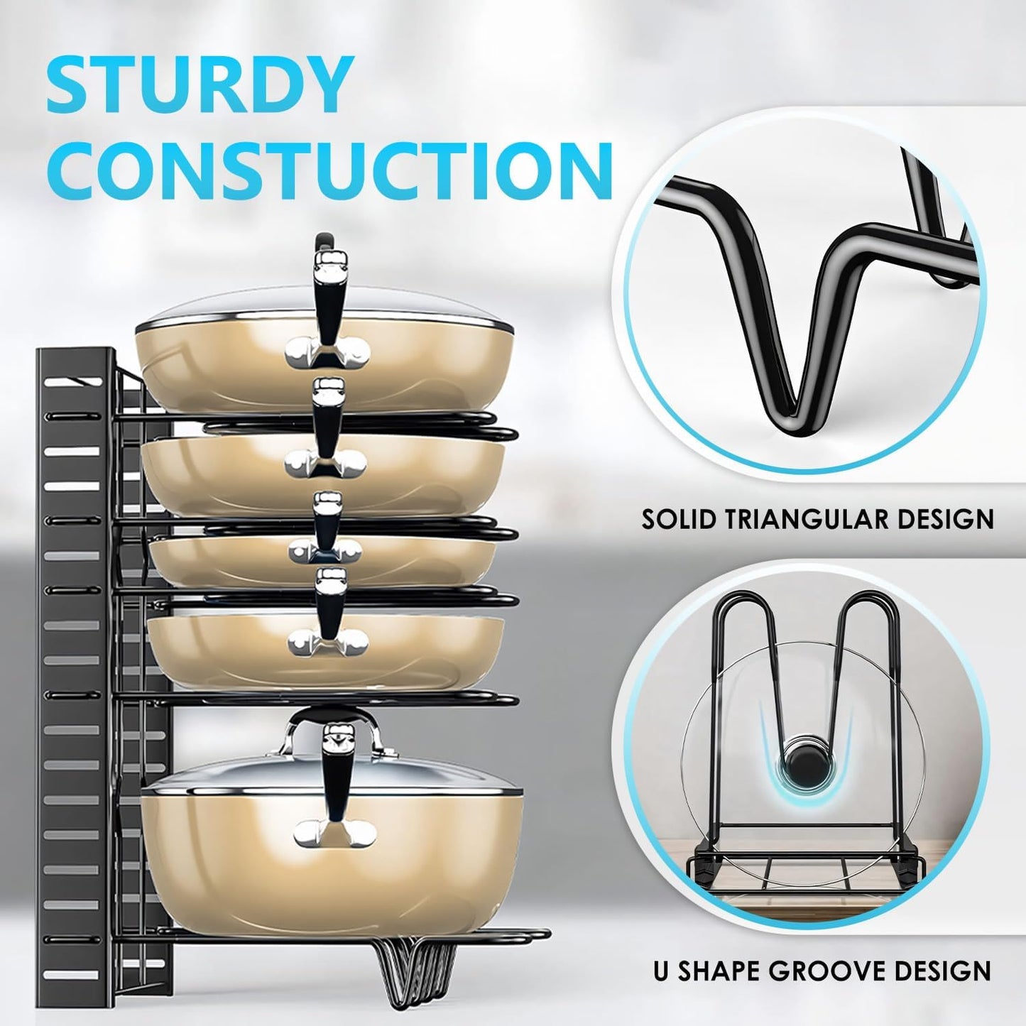 CARLA HOME Adjustable 8-Tier Pan Rack Pot Organizer for Kitchen Cabinet - Image 4