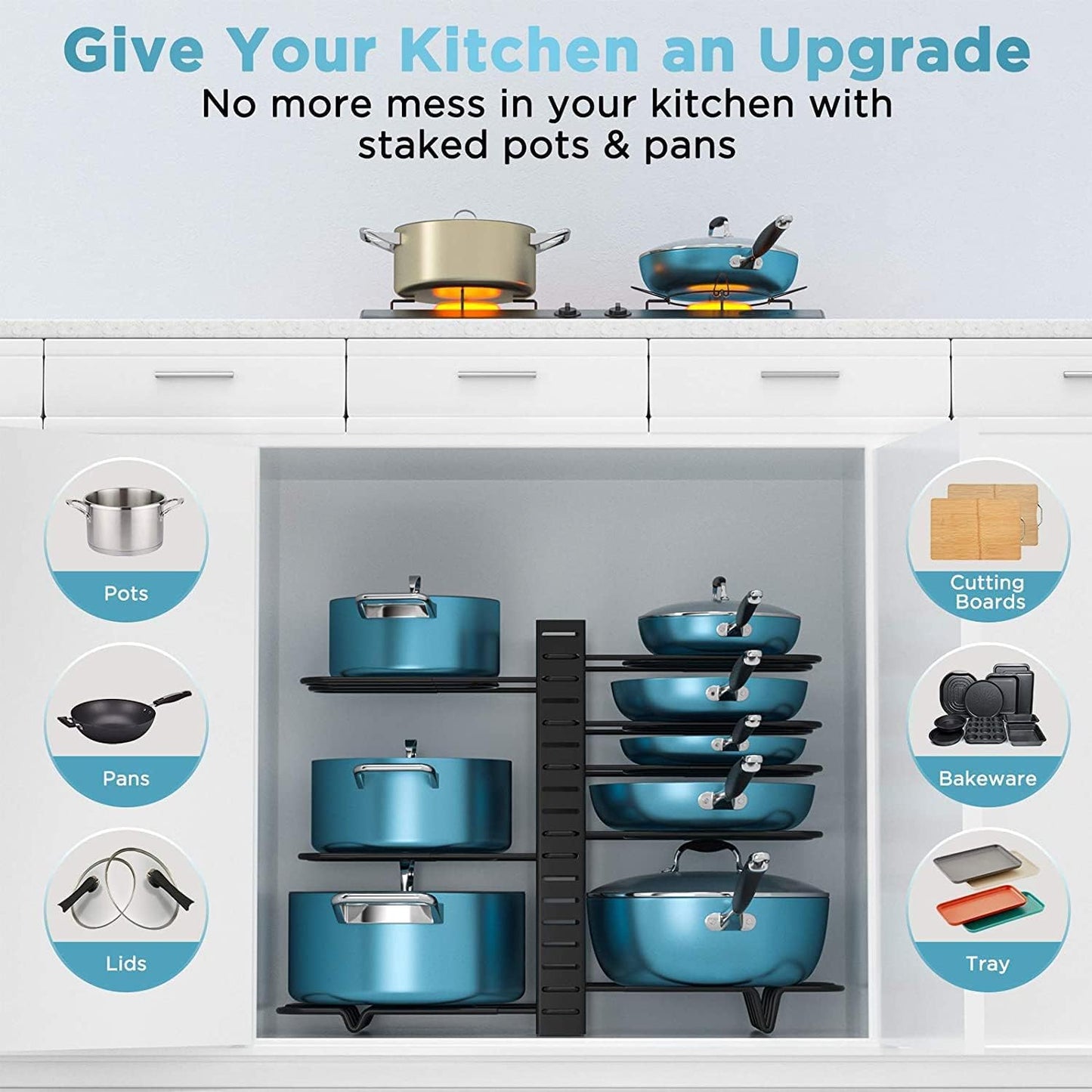 CARLA HOME Adjustable 8-Tier Pan Rack Pot Organizer for Kitchen Cabinet - Image 7