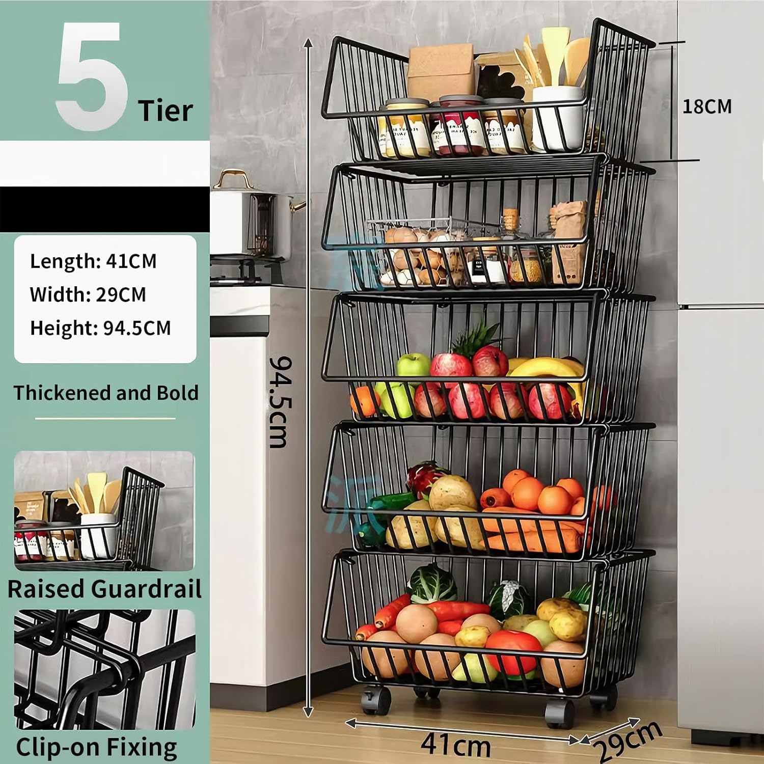CARLA HOME Metal 5-Tier Rolling Vegetable and Fruit Basket Cart Stand for Kitchen - Image 2