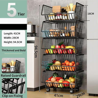 CARLA HOME Metal 5-Tier Rolling Vegetable and Fruit Basket Cart Stand for Kitchen - Image 2