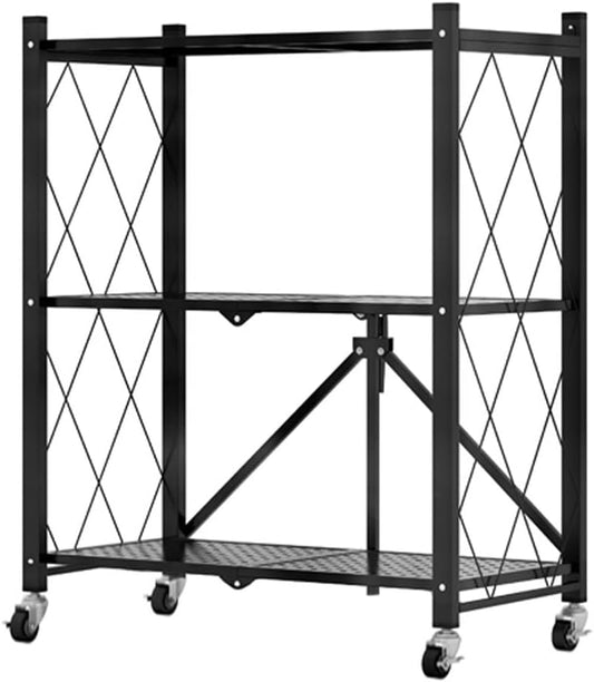 CARLA HOME 3-Tier Foldable Storage Shelf with Wheels for Kitchen, Garage, Pantry or Basement (Black)