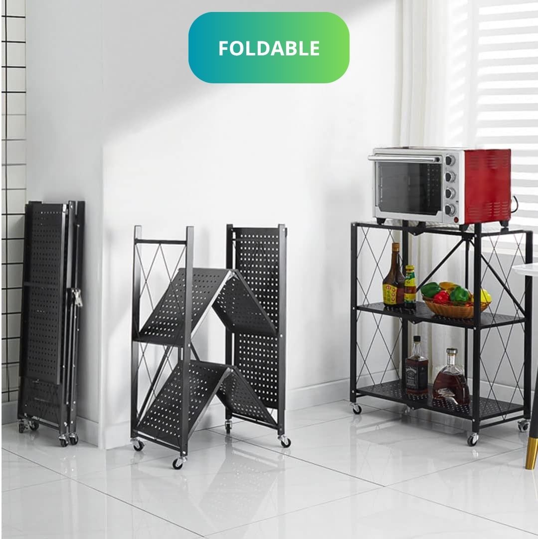 CARLA HOME 3-Tier Foldable Storage Shelf with Wheels for Kitchen, Garage, Pantry or Basement (Black) - Image 4