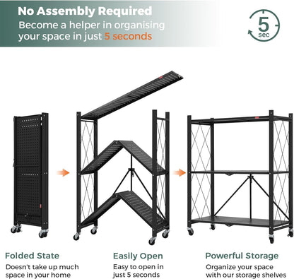 CARLA HOME 3-Tier Foldable Storage Shelf with Wheels for Kitchen, Garage, Pantry or Basement (Black) - Image 7