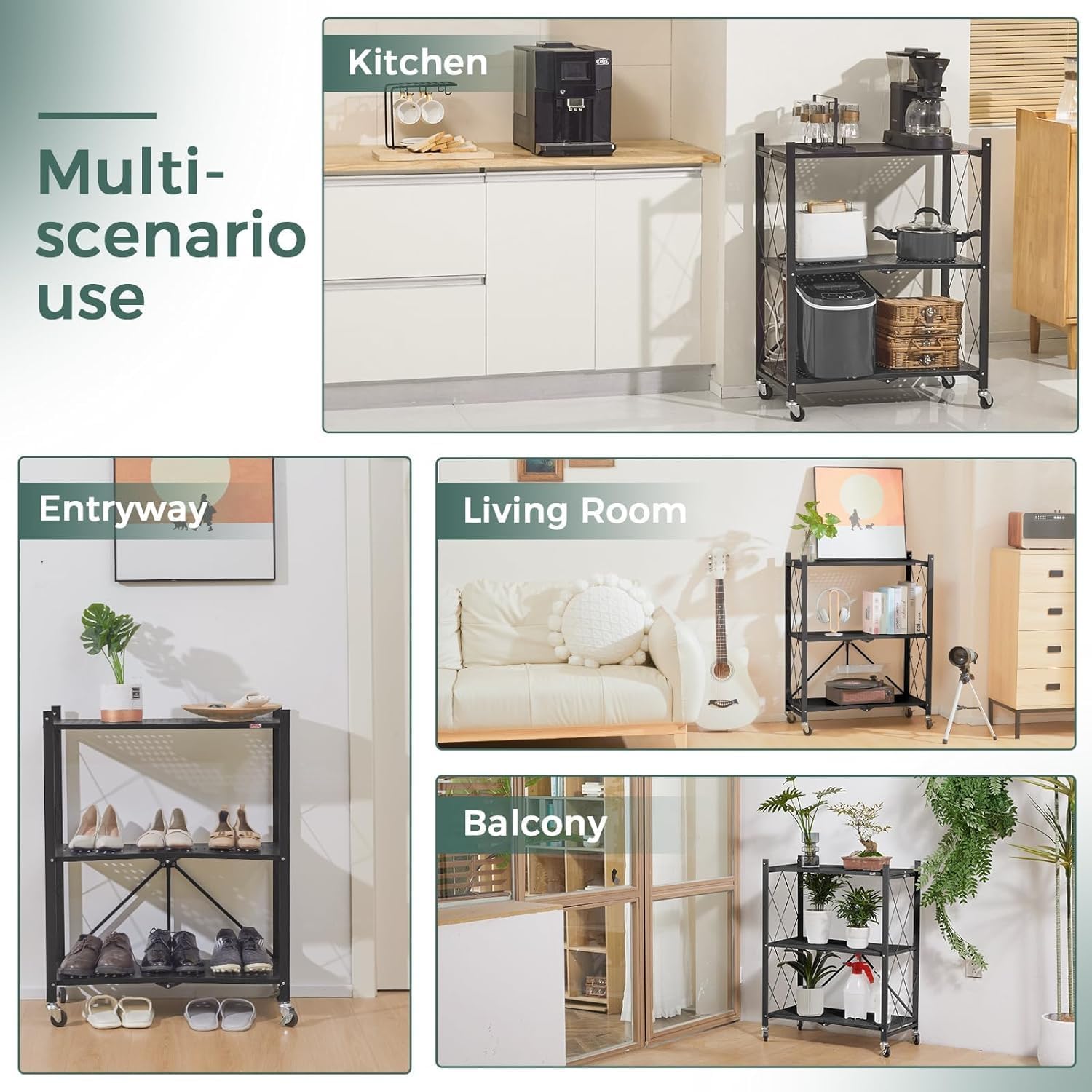 CARLA HOME 4-Tier Foldable Storage Shelf with Wheels for Kitchen, Garage, Pantry or Basement (Black) - Image 2
