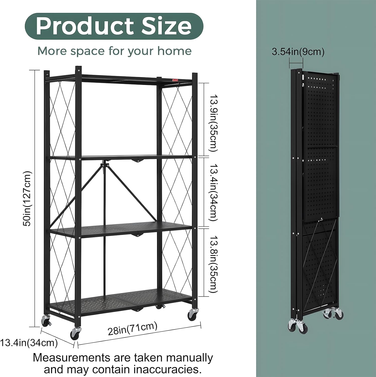 CARLA HOME 4-Tier Foldable Storage Shelf with Wheels for Kitchen, Garage, Pantry or Basement (Black) - Image 3