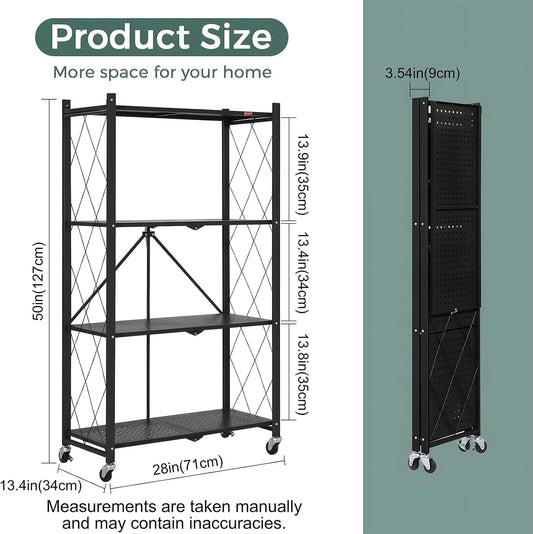 CARLA HOME 4-Tier Foldable Storage Shelf with Wheels for Kitchen, Garage, Pantry or Basement (Black) - Image 3