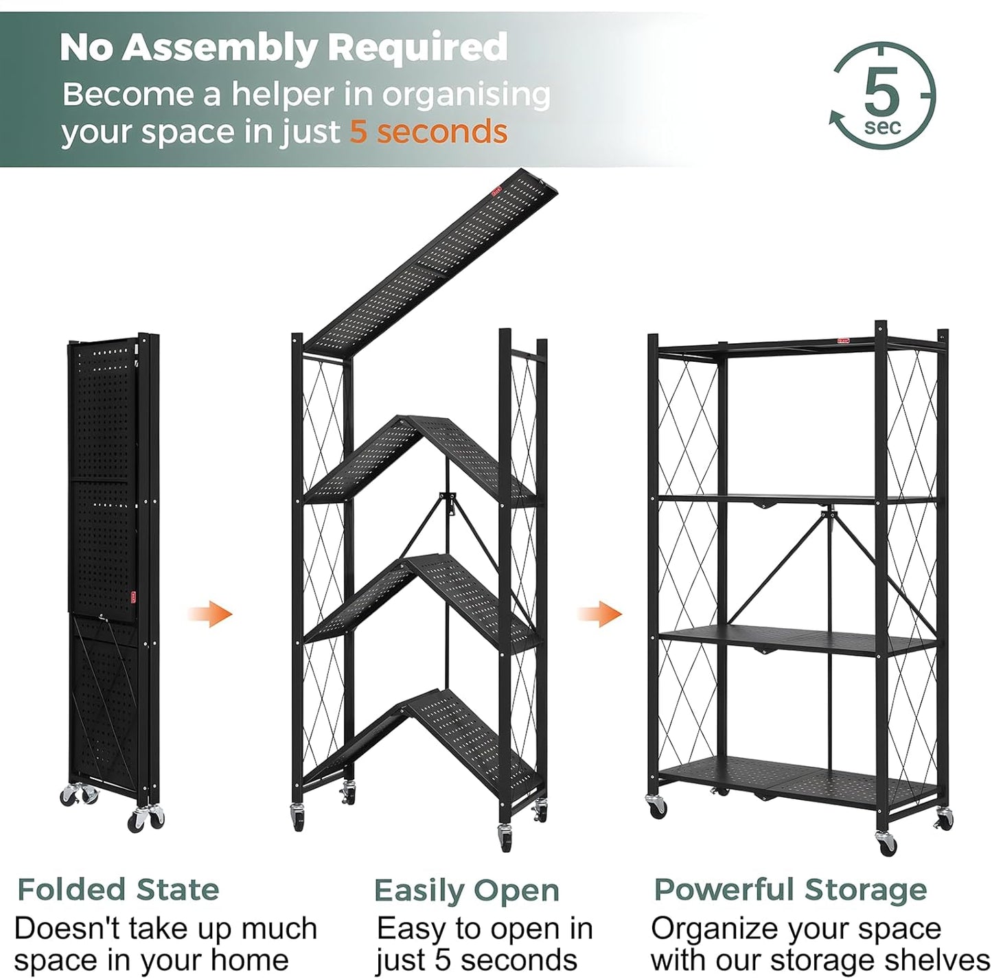 CARLA HOME 4-Tier Foldable Storage Shelf with Wheels for Kitchen, Garage, Pantry or Basement (Black) - Image 4