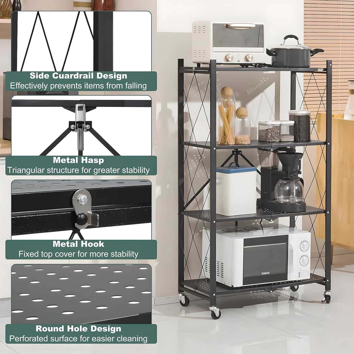 CARLA HOME 4-Tier Foldable Storage Shelf with Wheels for Kitchen, Garage, Pantry or Basement (Black) - Image 5