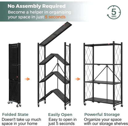 CARLA HOME 5-Tier Foldable Storage Shelf with Wheels for Kitchen, Garage, Pantry or Basement (Black) - Image 4