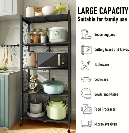 CARLA HOME 5-Tier Foldable Storage Shelf with Wheels for Kitchen, Garage, Pantry or Basement (Black) - Image 5