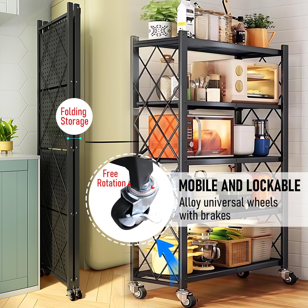 CARLA HOME 5-Tier Foldable Storage Shelf with Wheels for Kitchen, Garage, Pantry or Basement (Black) - Image 6