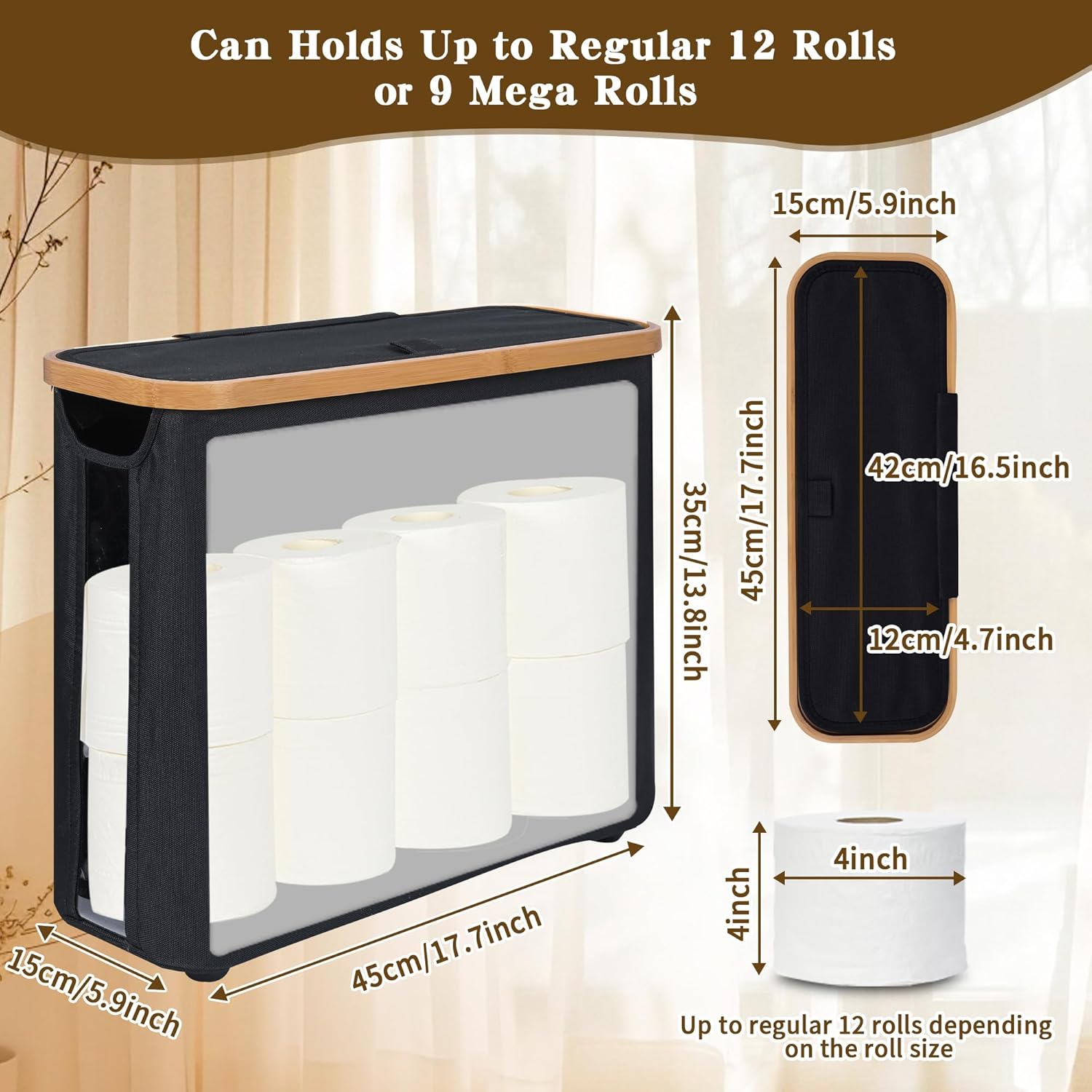 CARLA HOME Toilet Paper Storage Basket Holds Up to 12 Rolls with Bamboo Lid and Handle for RV Closet (Black) - Image 3